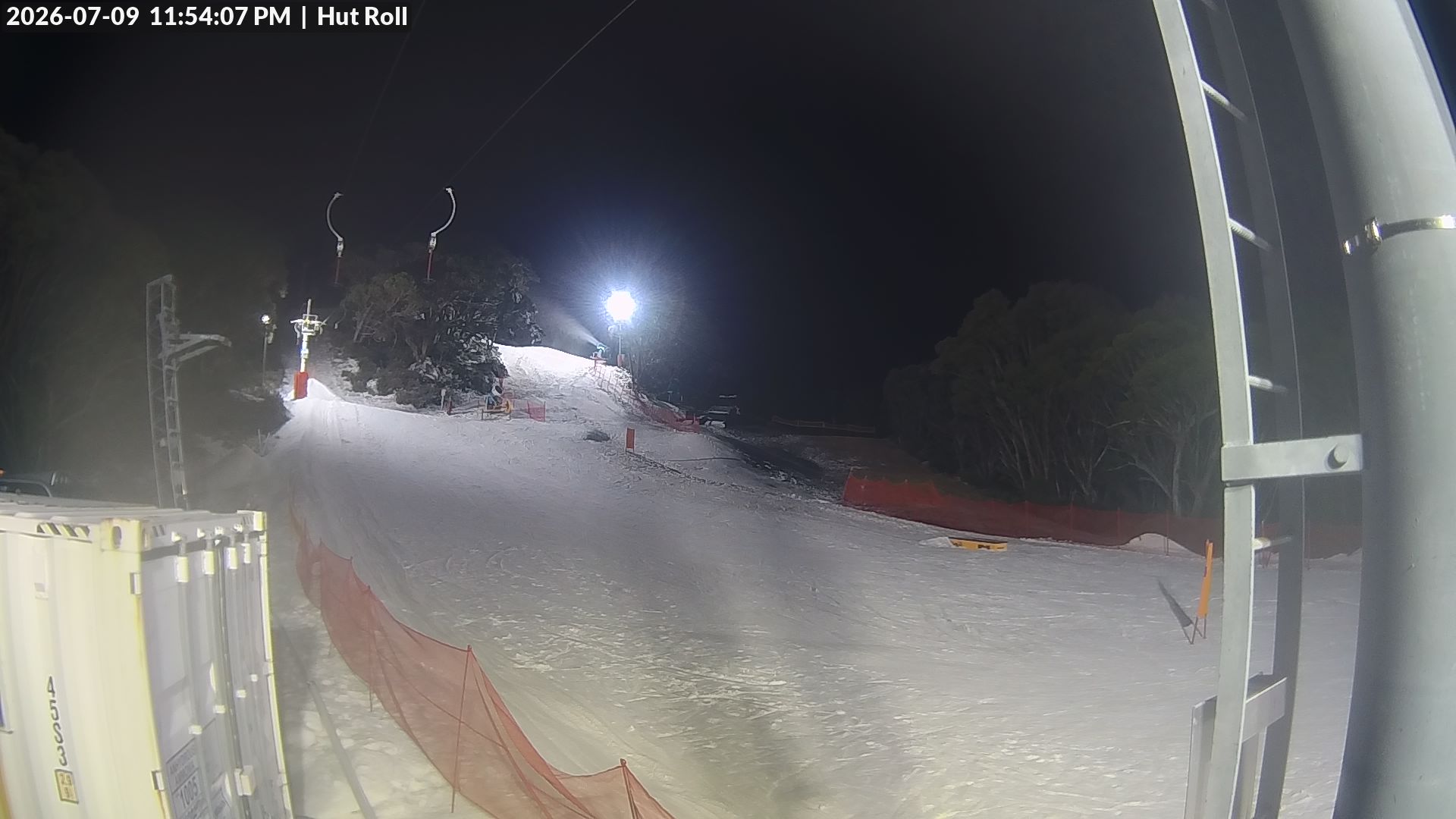 Mt Baw Baw Hut Roll snow cam captured at 9 July 2026 at 11:59 pm AEST
