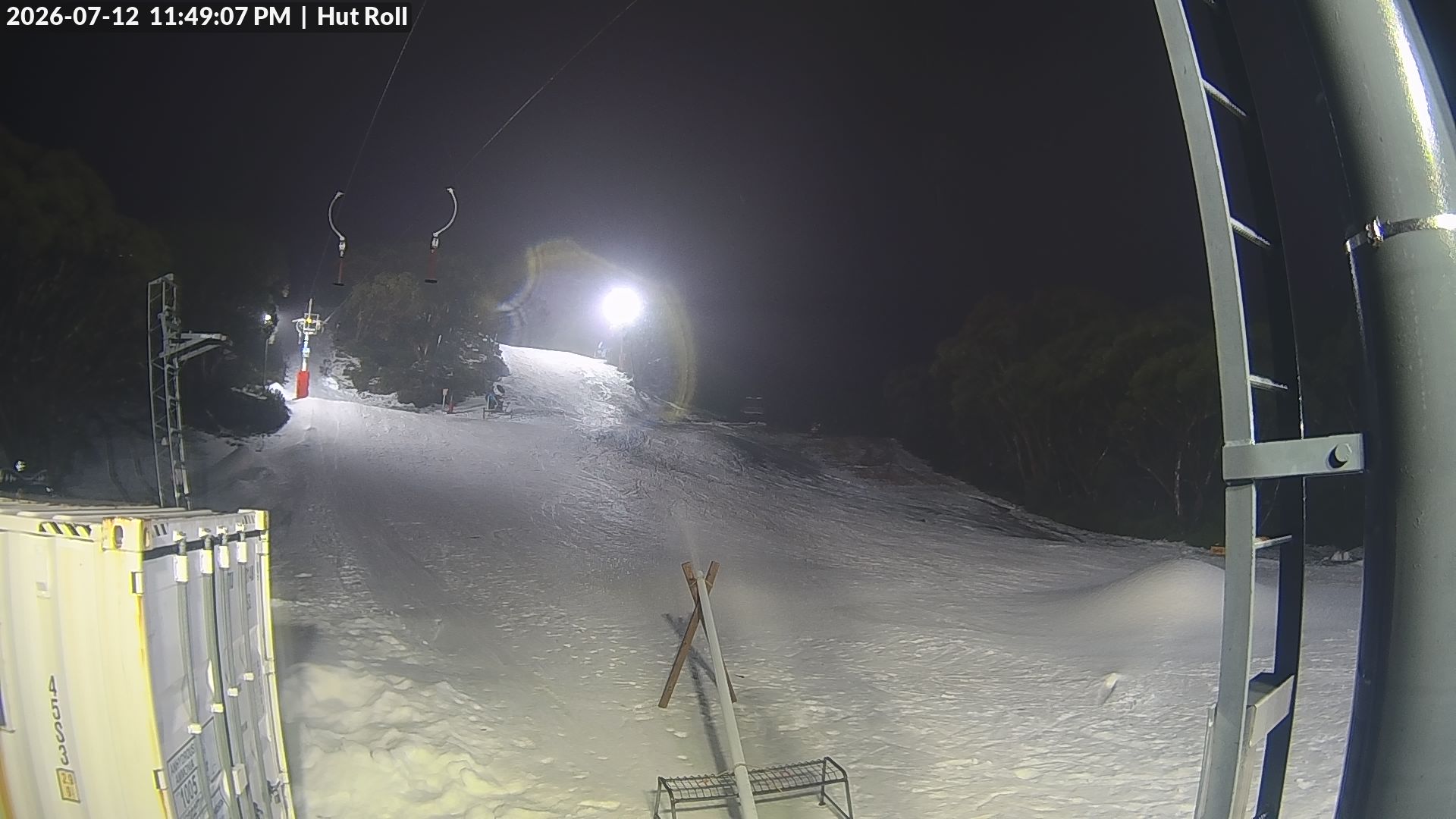 Mt Baw Baw Hut Roll snow cam captured at 12 July 2026 at 11:50 pm AEST