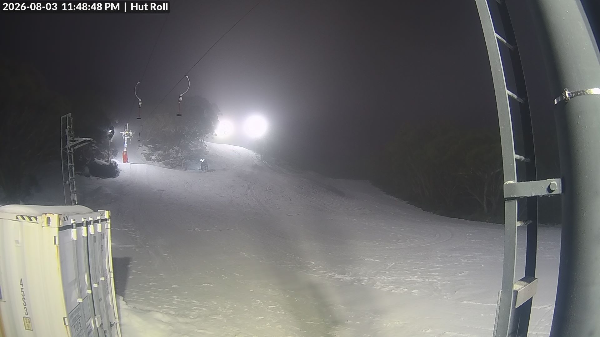 Mt Baw Baw Hut Roll snow cam captured at 3 August 2026 at 11:53 pm AEST