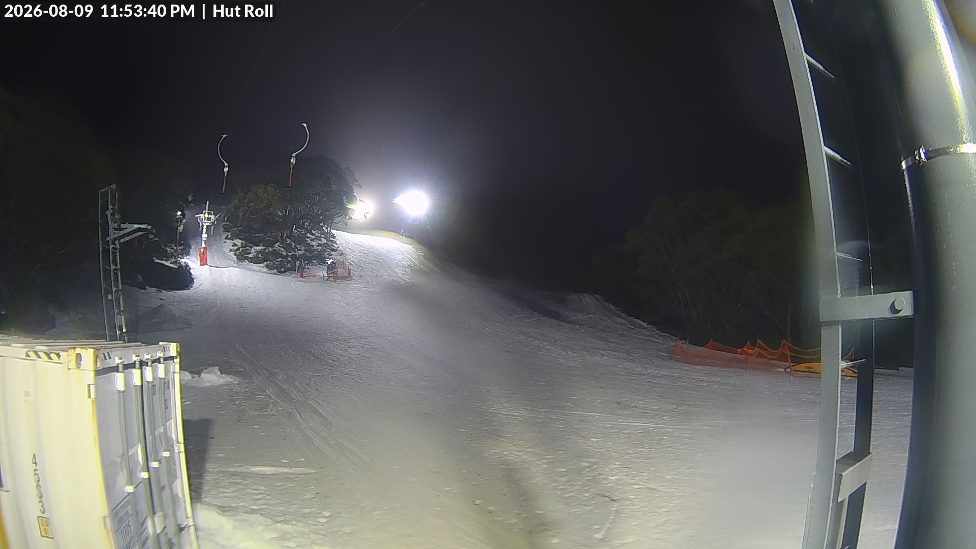 Mt Baw Baw Hut Roll snow cam captured at 9 August 2026 at 11:56 pm AEST