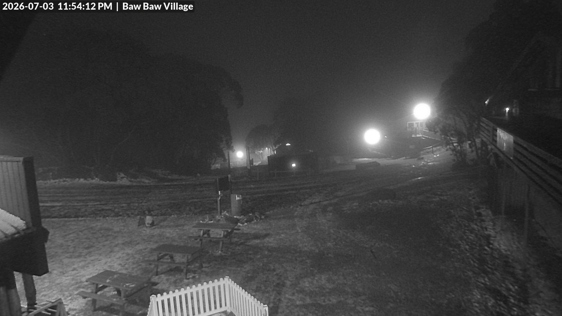 Mt Baw Baw Baw Baw Village snow cam captured at 3 July 2026 at 11:54 pm AEST