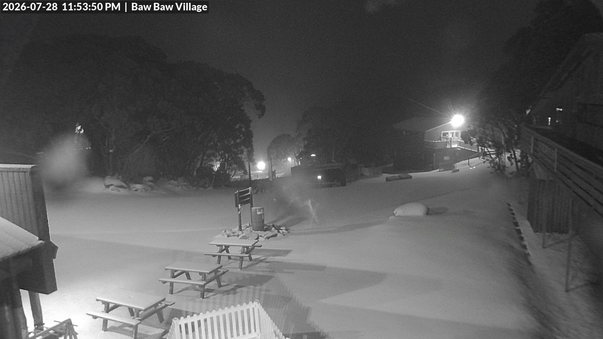 Mt Baw Baw Baw Baw Village snow cam captured at 28 July 2026 at 11:57 pm AEST