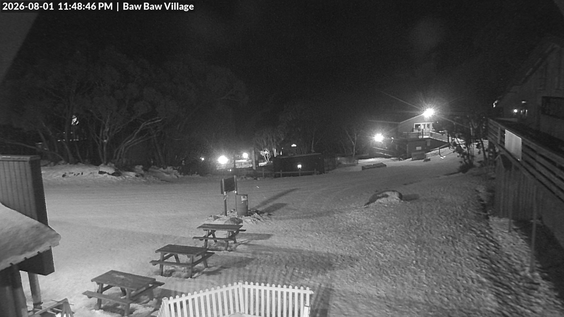 Mt Baw Baw Baw Baw Village snow cam captured at 1 August 2026 at 11:53 pm AEST