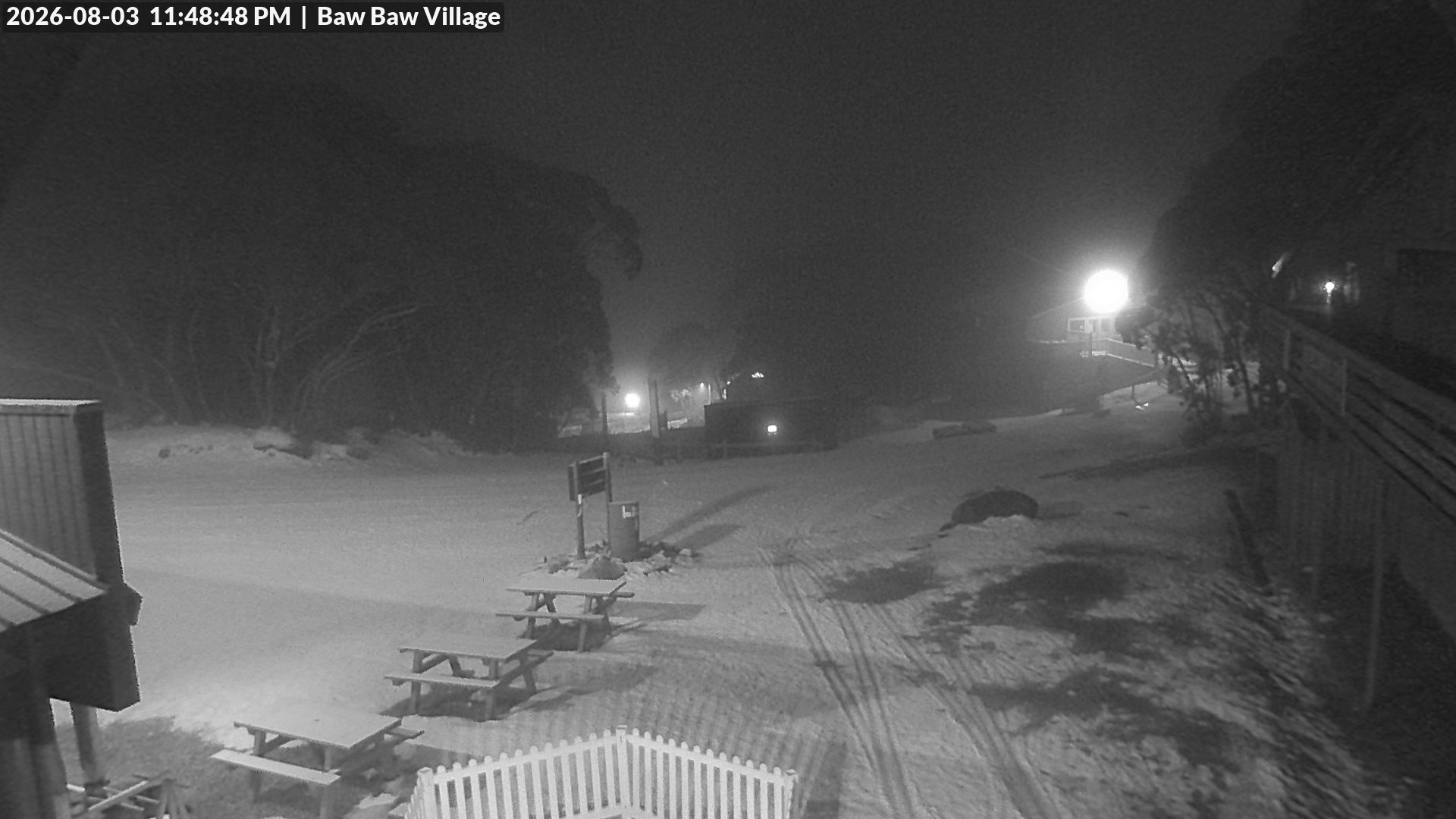 Mt Baw Baw Baw Baw Village snow cam captured at 3 August 2026 at 11:53 pm AEST