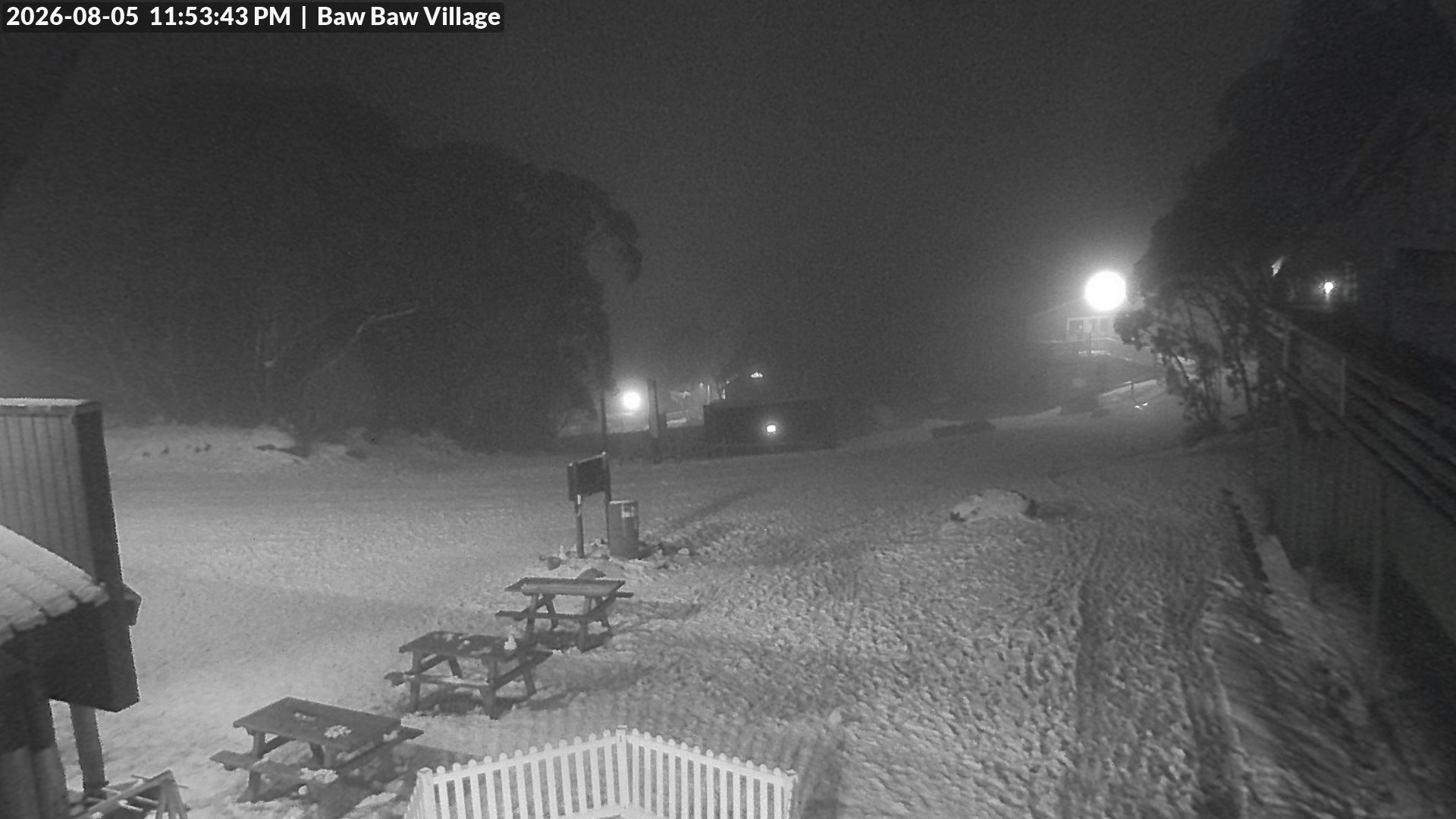 Mt Baw Baw Baw Baw Village snow cam captured at 5 August 2026 at 11:55 pm AEST