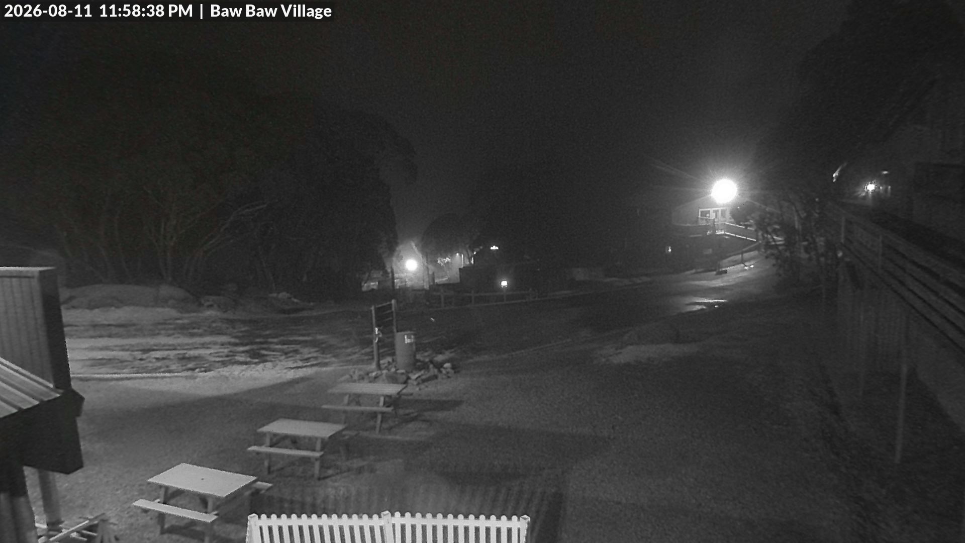 Mt Baw Baw Baw Baw Village snow cam captured at 11 August 2026 at 11:58 pm AEST