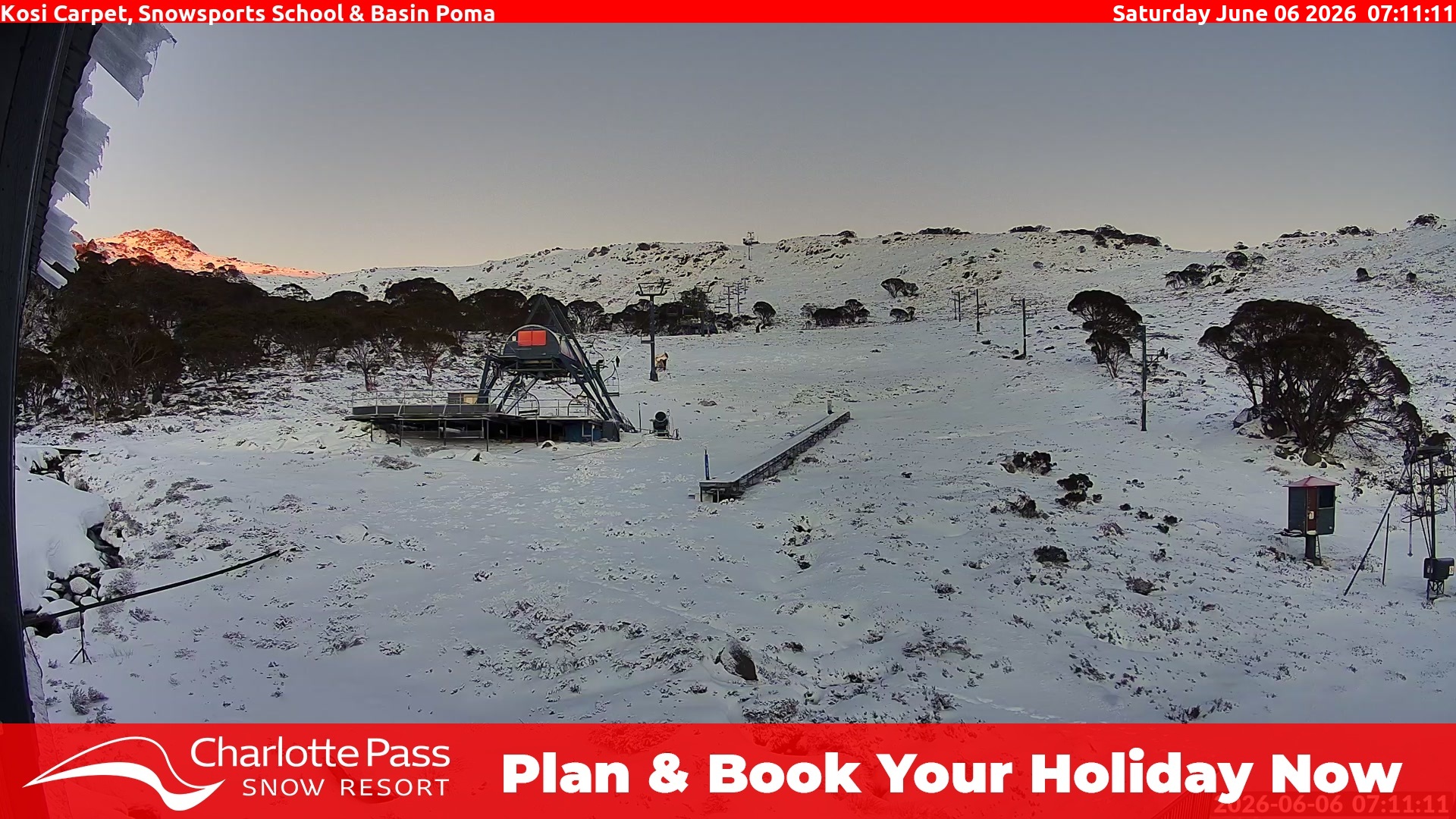 Charlotte Pass Kosi Carpet, Snowsports School and Basin Poma snow cam captured at 7 June 2026, 6:23 am