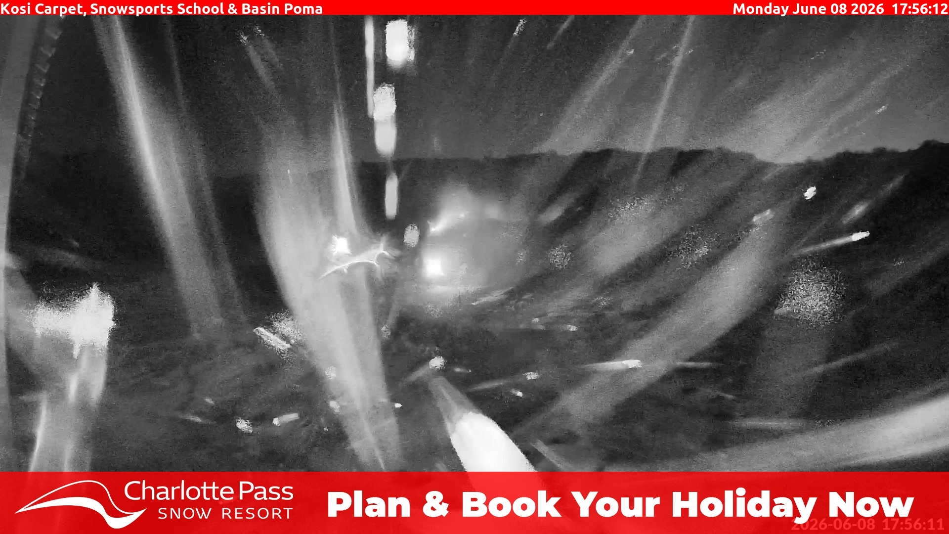 Charlotte Pass Kosi Carpet, Snowsports School and Basin Poma snow cam captured at 8 June 2026, 8:22 am