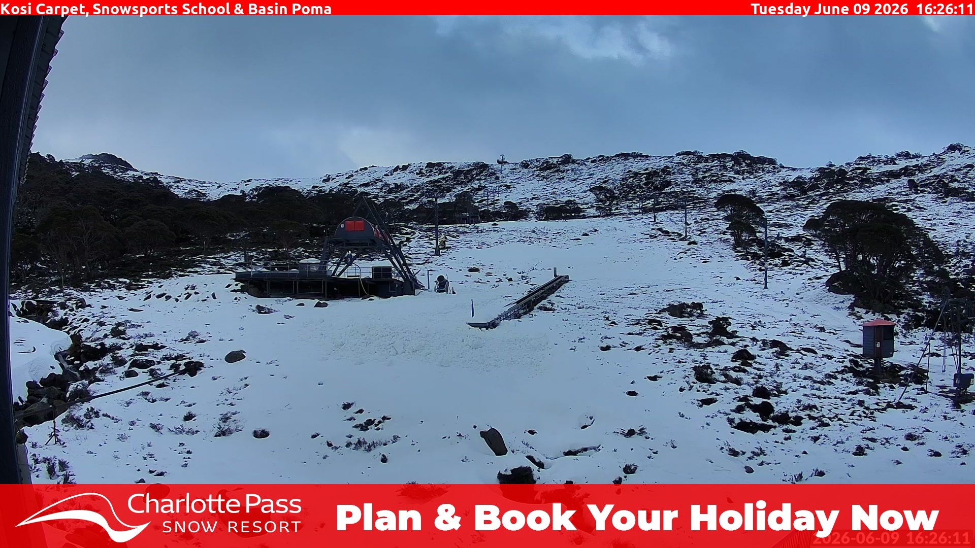 Charlotte Pass Kosi Carpet, Snowsports School and Basin Poma snow cam captured at 9 June 2026, 6:30 am