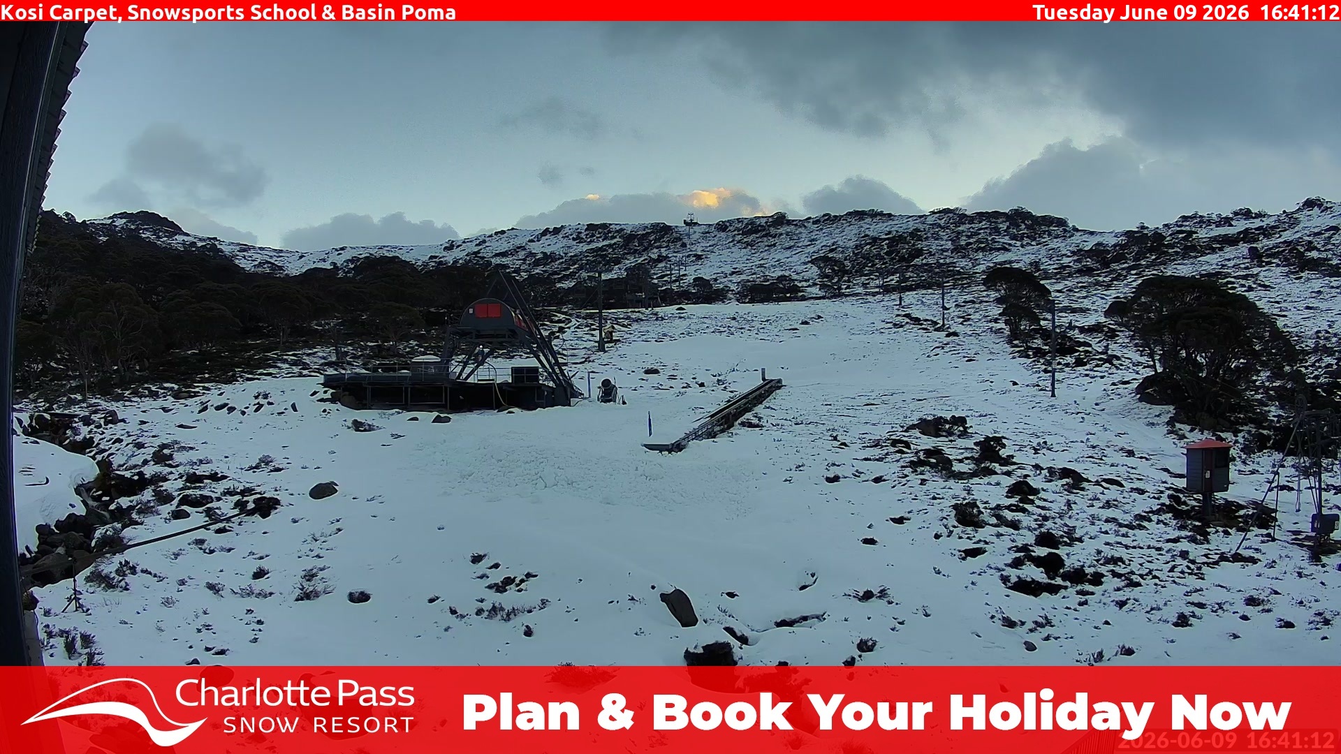 Charlotte Pass Kosi Carpet, Snowsports School and Basin Poma snow cam captured at 9 June 2026, 6:44 am