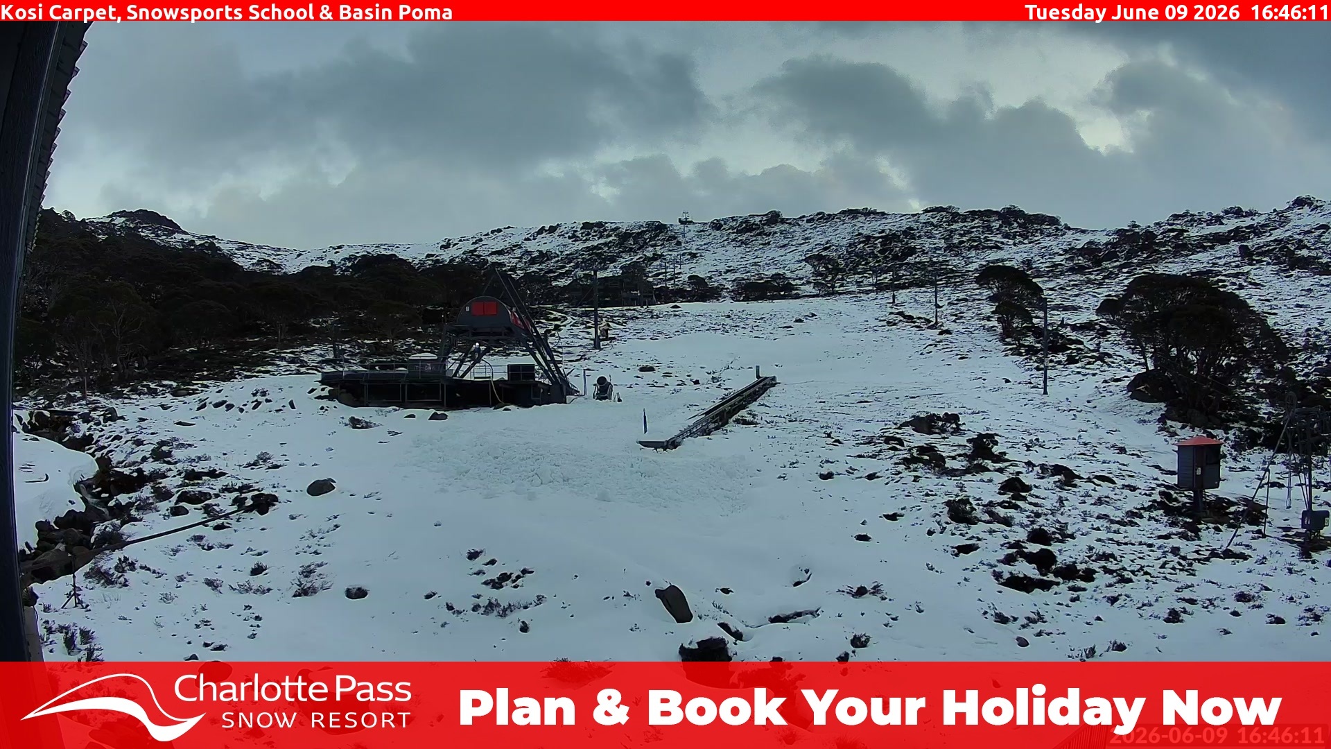 Charlotte Pass Kosi Carpet, Snowsports School and Basin Poma snow cam captured at 9 June 2026, 6:50 am