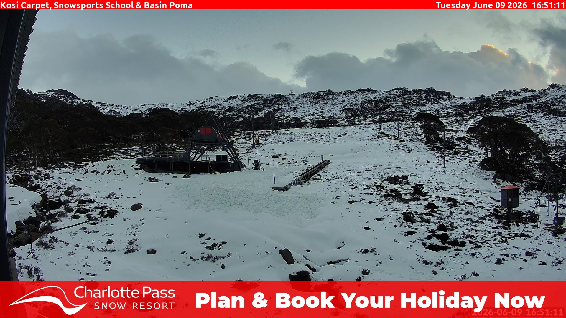 Charlotte Pass Kosi Carpet, Snowsports School and Basin Poma snow cam captured at 9 June 2026, 6:56 am