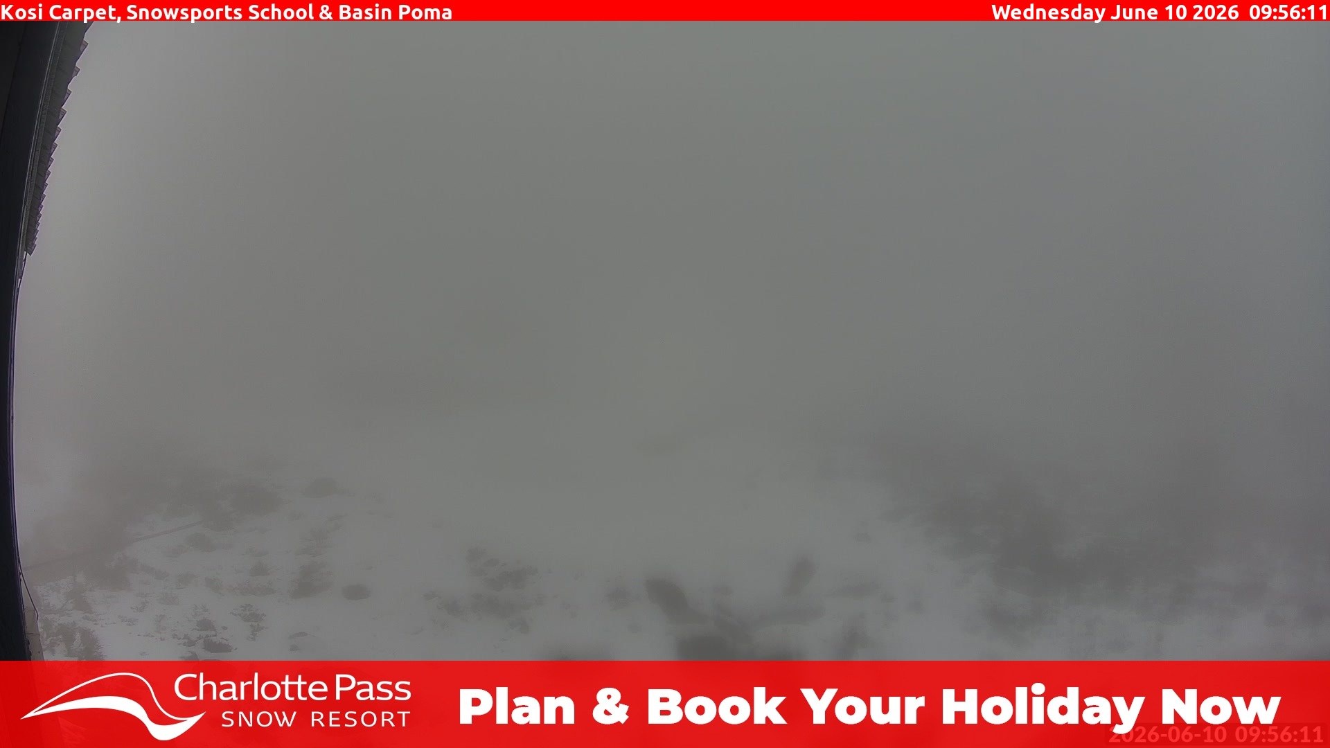 Charlotte Pass Kosi Carpet, Snowsports School and Basin Poma snow cam captured at 9 June 2026, 11:58 pm