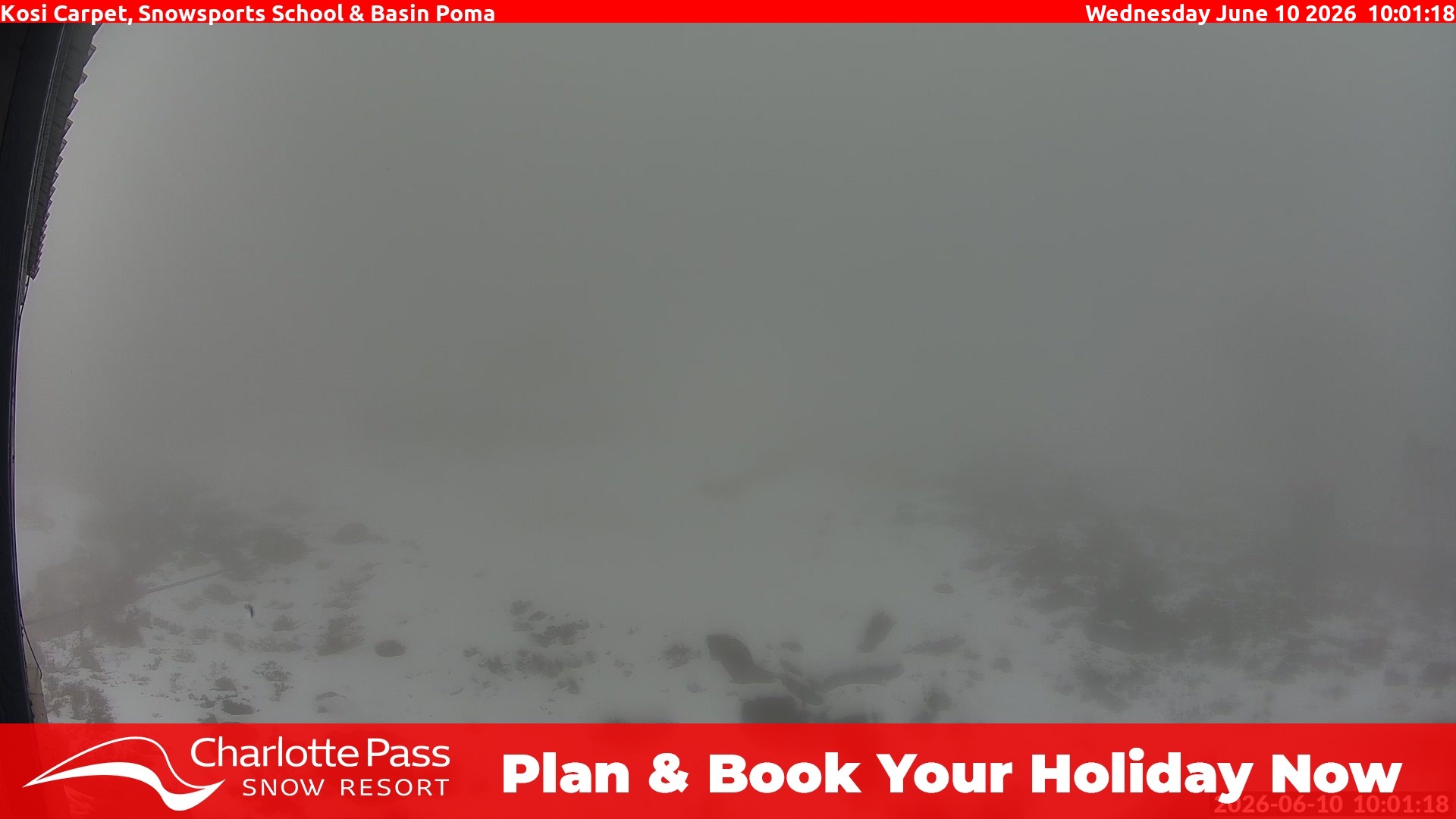Charlotte Pass Kosi Carpet, Snowsports School and Basin Poma snow cam captured at 10 June 2026, 12:04 am