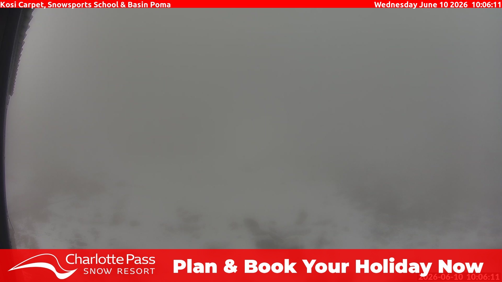 Charlotte Pass Kosi Carpet, Snowsports School and Basin Poma snow cam captured at 10 June 2026, 12:10 am