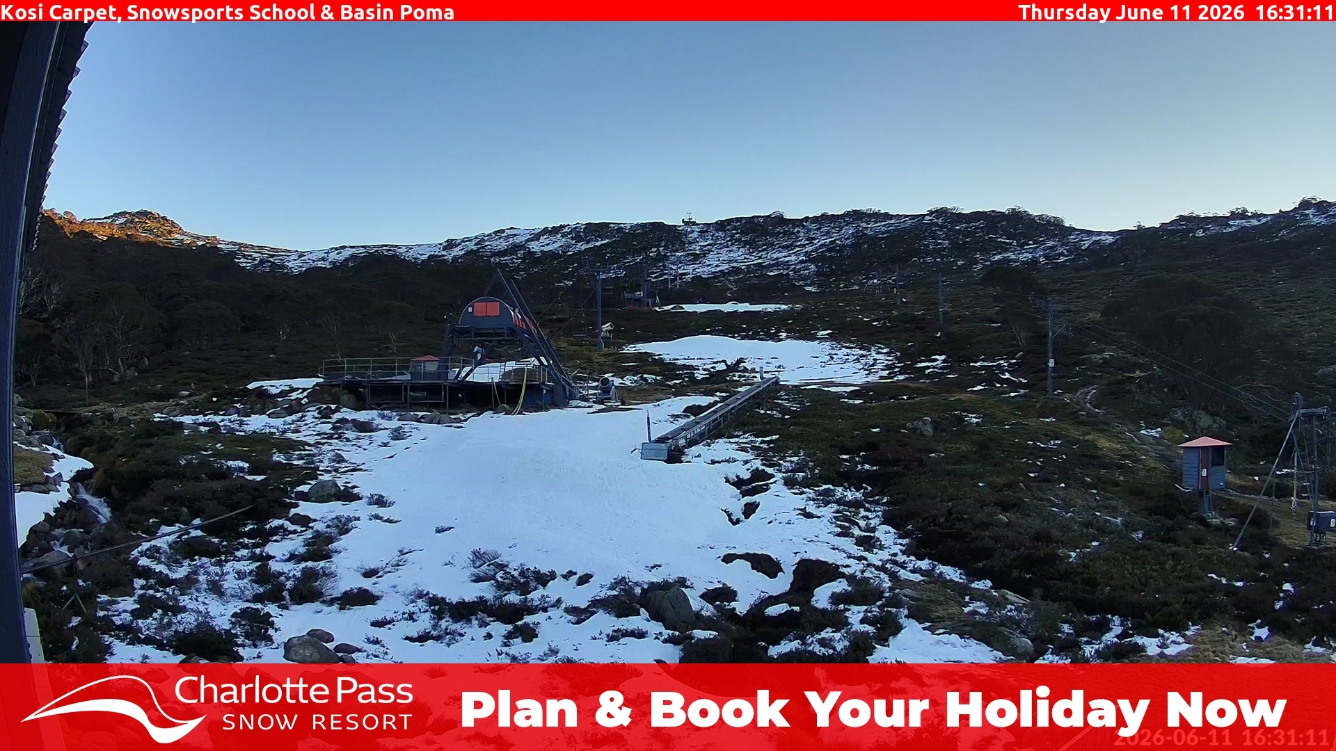 Charlotte Pass Kosi Carpet, Snowsports School and Basin Poma snow cam captured at 11 June 2026, 6:34 am