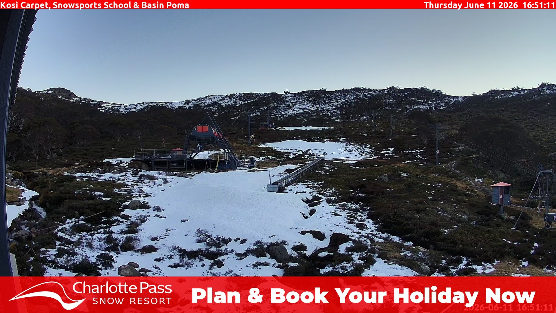 Charlotte Pass Kosi Carpet, Snowsports School and Basin Poma snow cam captured at 11 June 2026, 6:52 am