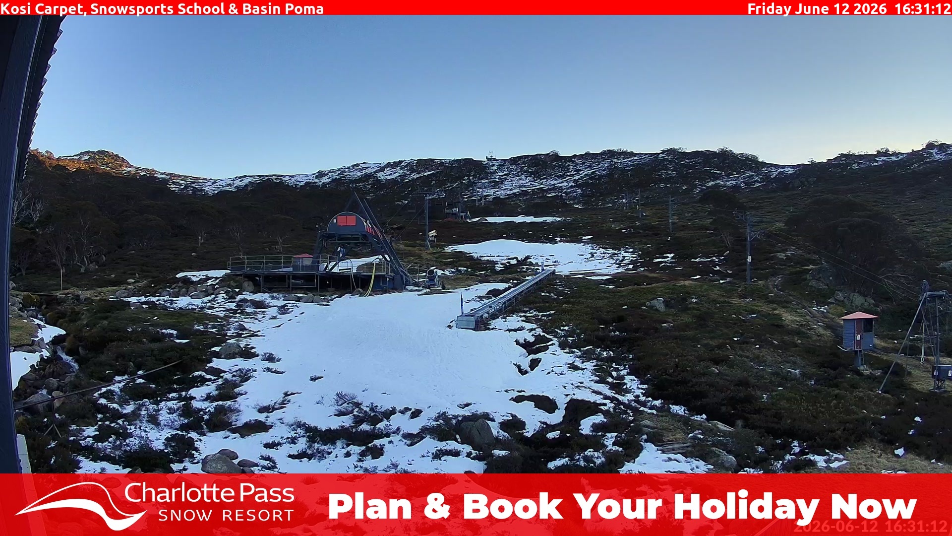 Charlotte Pass Kosi Carpet, Snowsports School and Basin Poma snow cam captured at 12 June 2026, 6:34 am