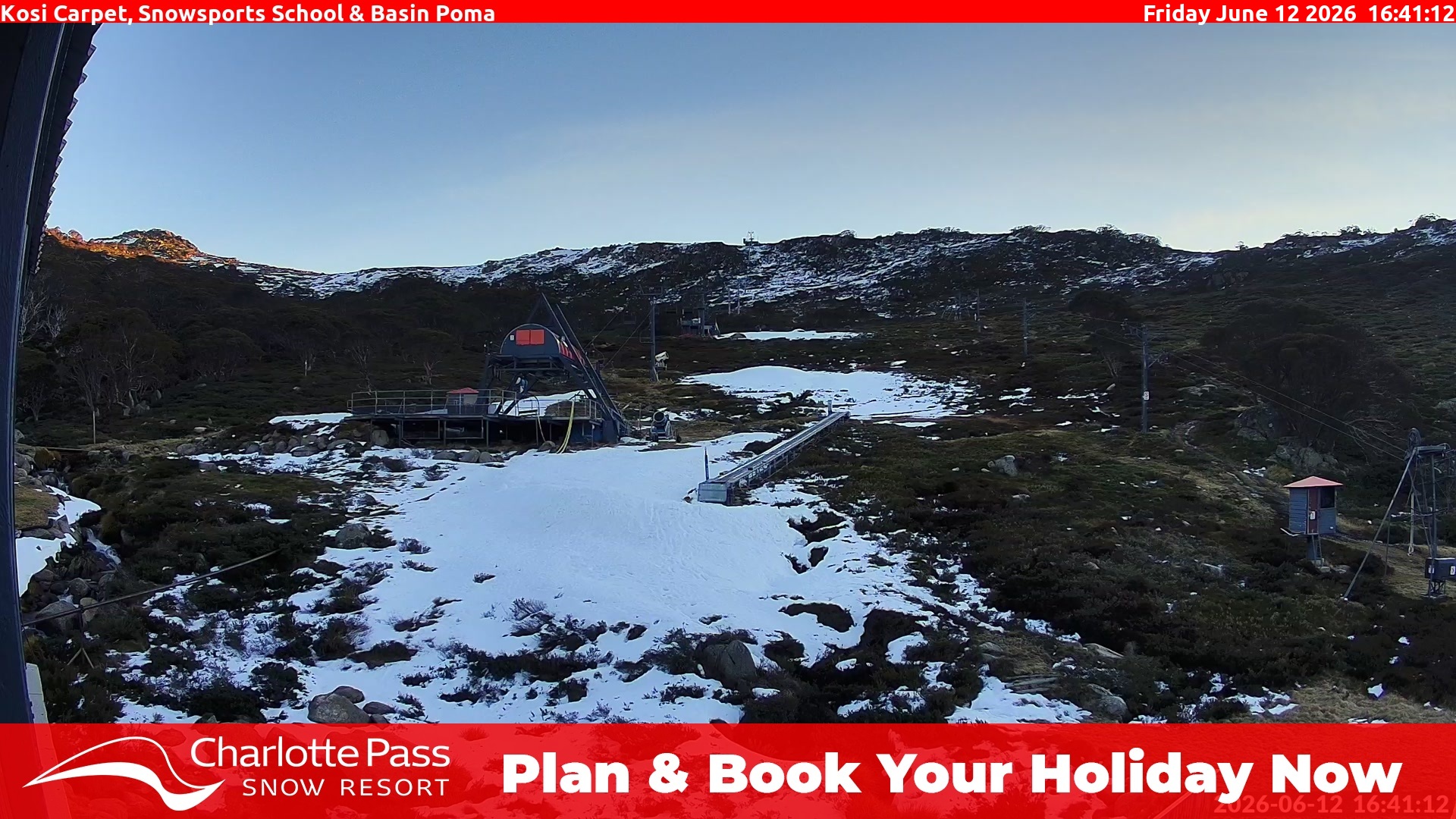 Charlotte Pass Kosi Carpet, Snowsports School and Basin Poma snow cam captured at 12 June 2026, 6:46 am