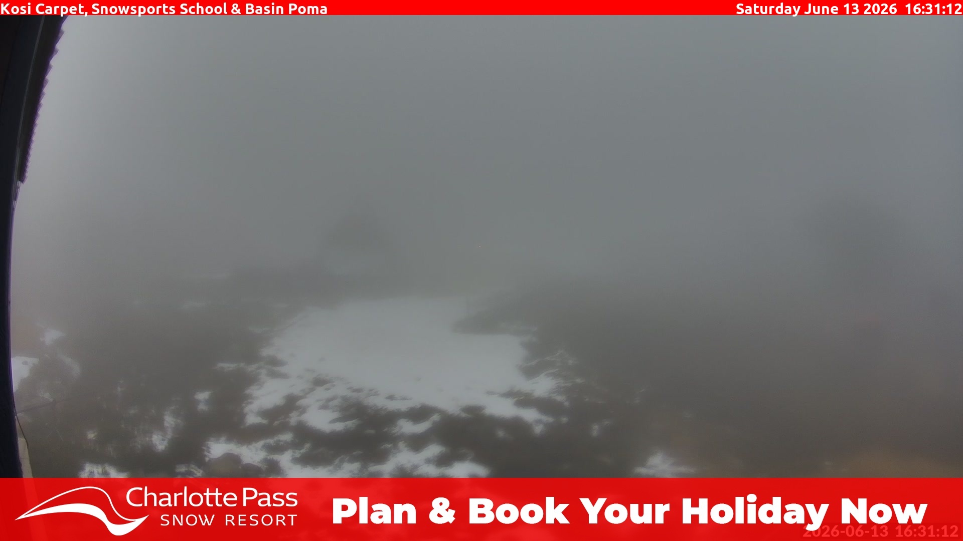 Charlotte Pass Kosi Carpet, Snowsports School and Basin Poma snow cam captured at 13 June 2026, 6:34 am