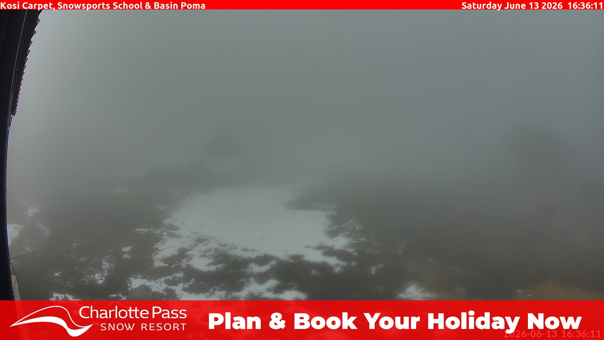Charlotte Pass Kosi Carpet, Snowsports School and Basin Poma snow cam captured at 13 June 2026, 6:40 am