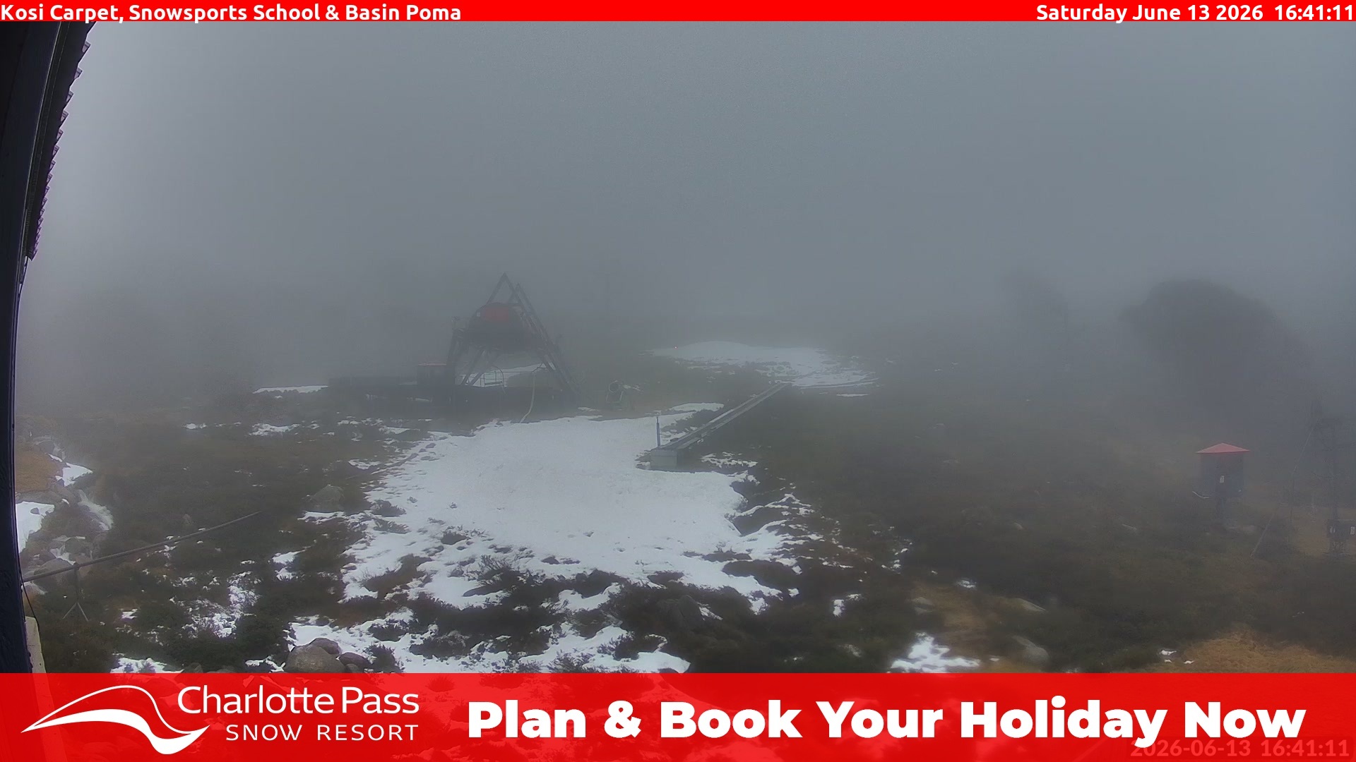 Charlotte Pass Kosi Carpet, Snowsports School and Basin Poma snow cam captured at 13 June 2026, 6:46 am