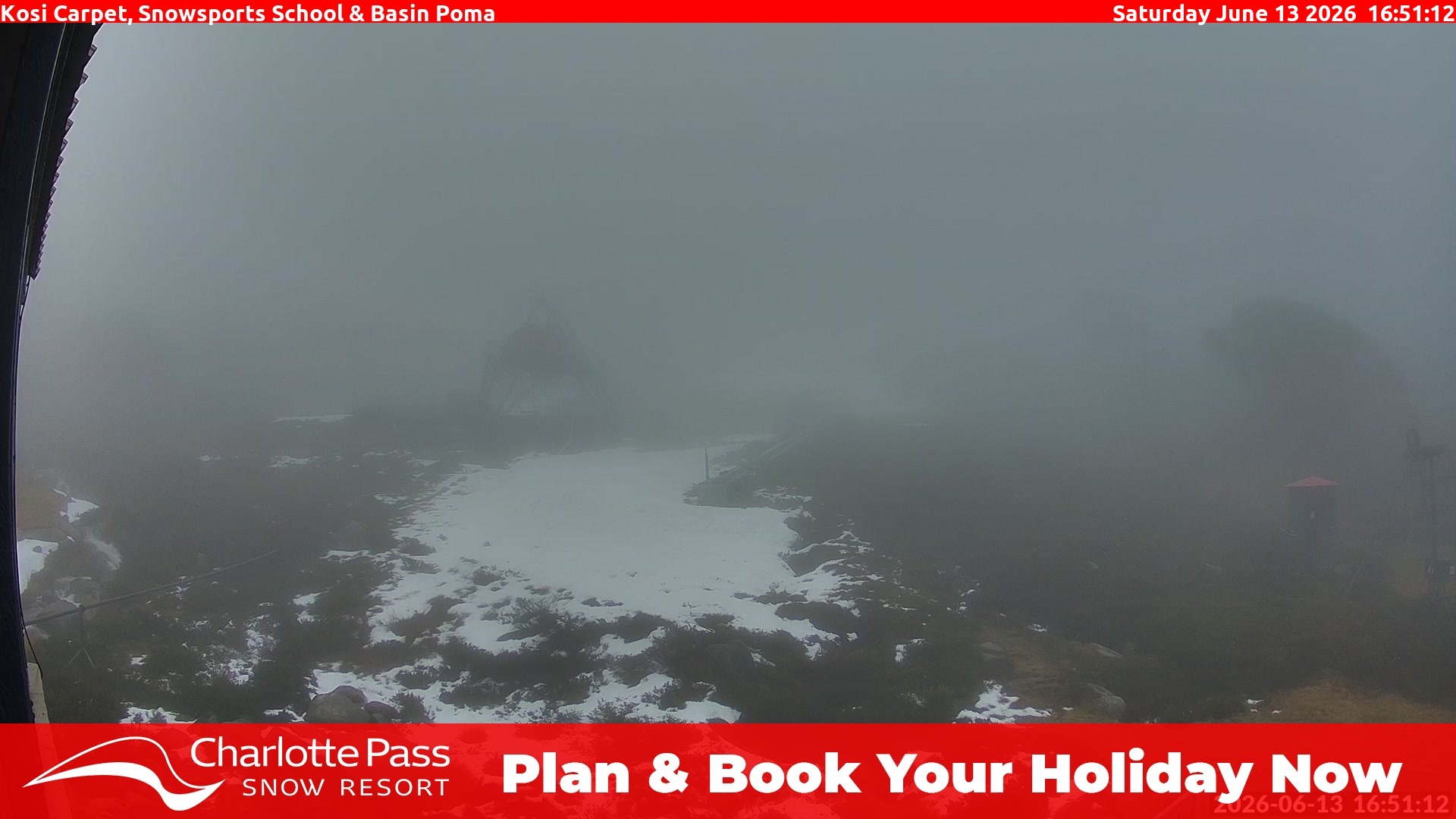Charlotte Pass Kosi Carpet, Snowsports School and Basin Poma snow cam captured at 13 June 2026, 6:52 am