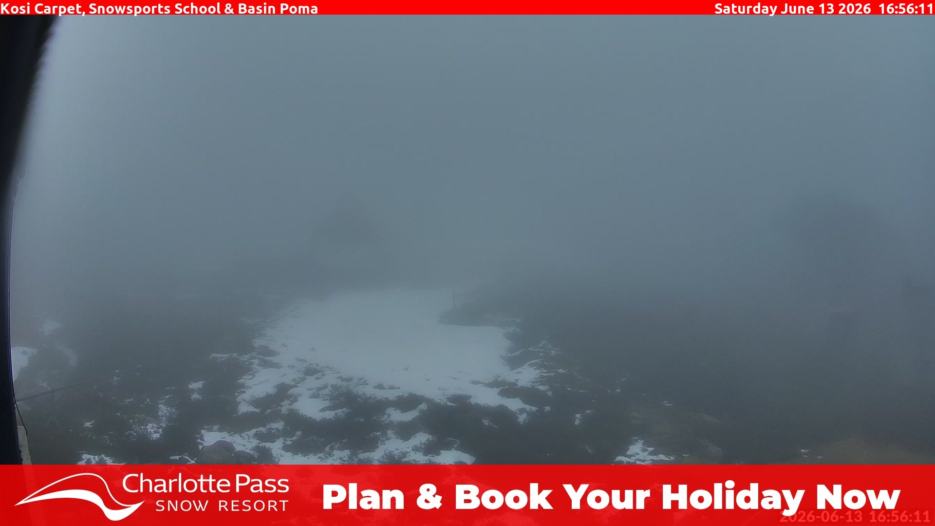 Charlotte Pass Kosi Carpet, Snowsports School and Basin Poma snow cam captured at 13 June 2026, 6:58 am