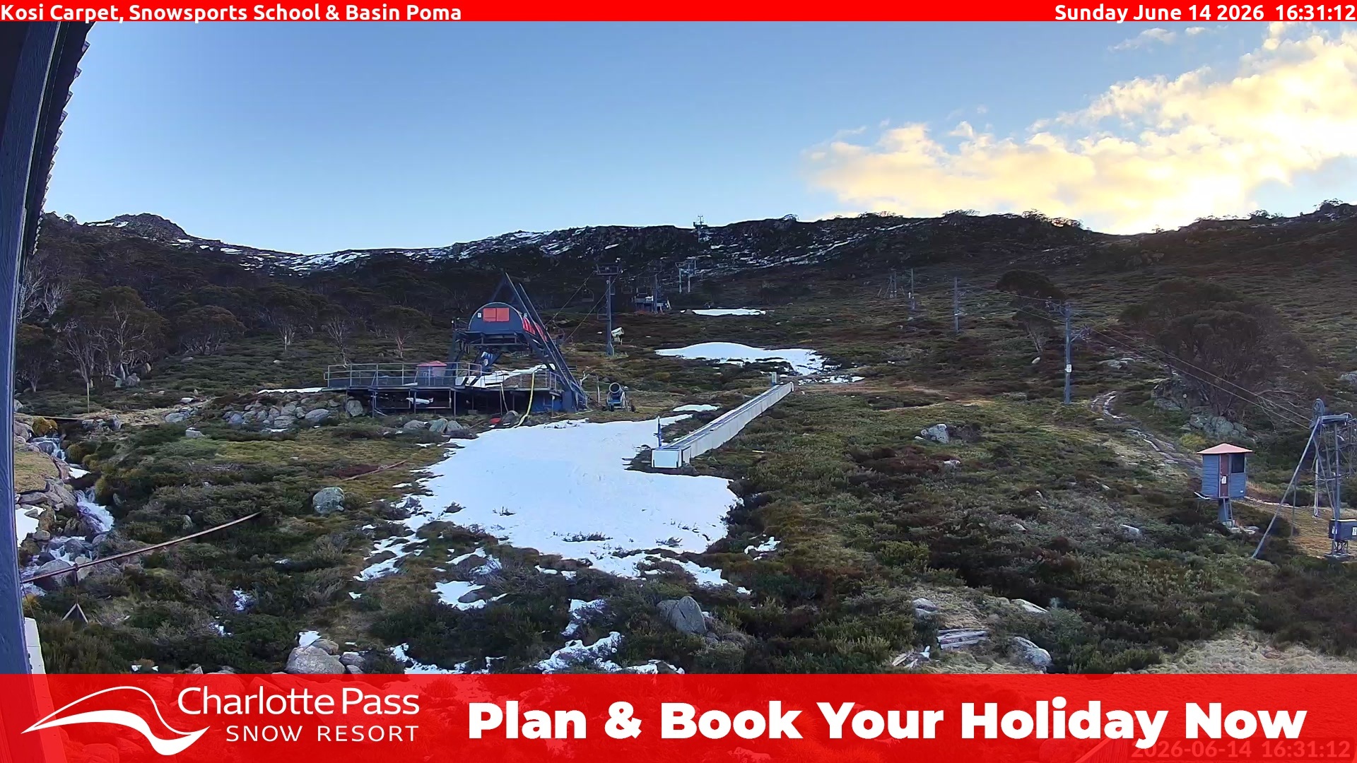 Charlotte Pass Kosi Carpet, Snowsports School and Basin Poma snow cam captured at 14 June 2026, 6:35 am