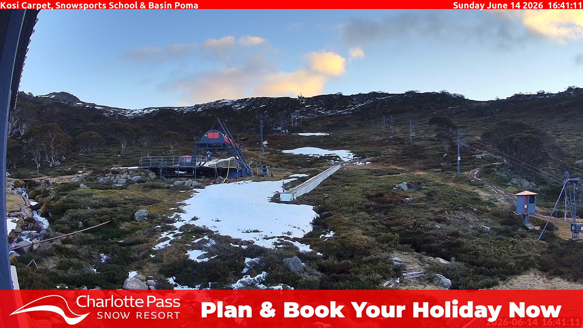 Charlotte Pass Kosi Carpet, Snowsports School and Basin Poma snow cam captured at 14 June 2026, 6:41 am