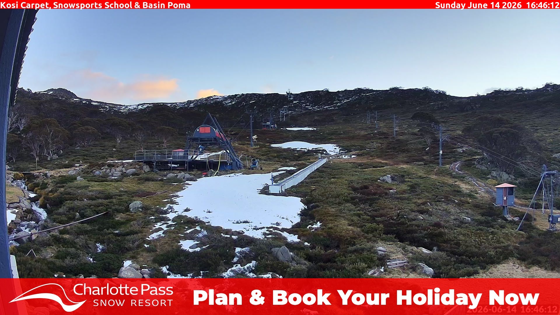 Charlotte Pass Kosi Carpet, Snowsports School and Basin Poma snow cam captured at 14 June 2026, 6:47 am