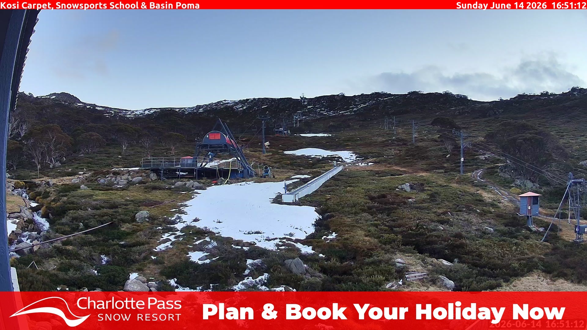 Charlotte Pass Kosi Carpet, Snowsports School and Basin Poma snow cam captured at 14 June 2026, 6:53 am