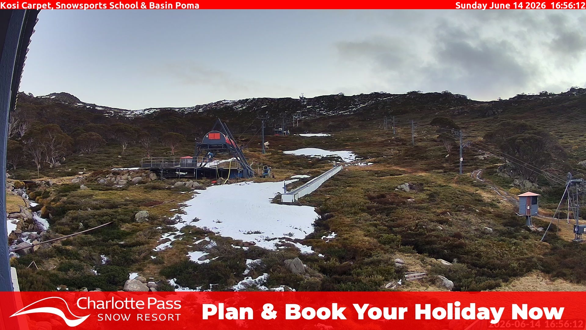 Charlotte Pass Kosi Carpet, Snowsports School and Basin Poma snow cam captured at 14 June 2026, 6:59 am
