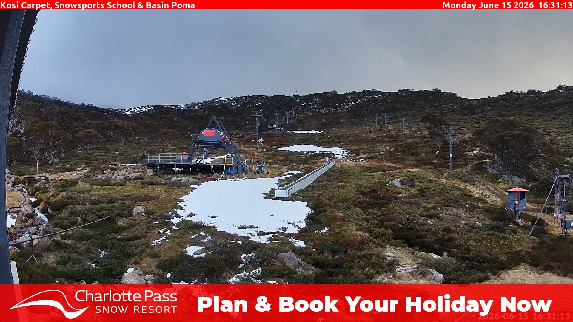 Charlotte Pass Kosi Carpet, Snowsports School and Basin Poma snow cam captured at 15 June 2026, 6:35 am