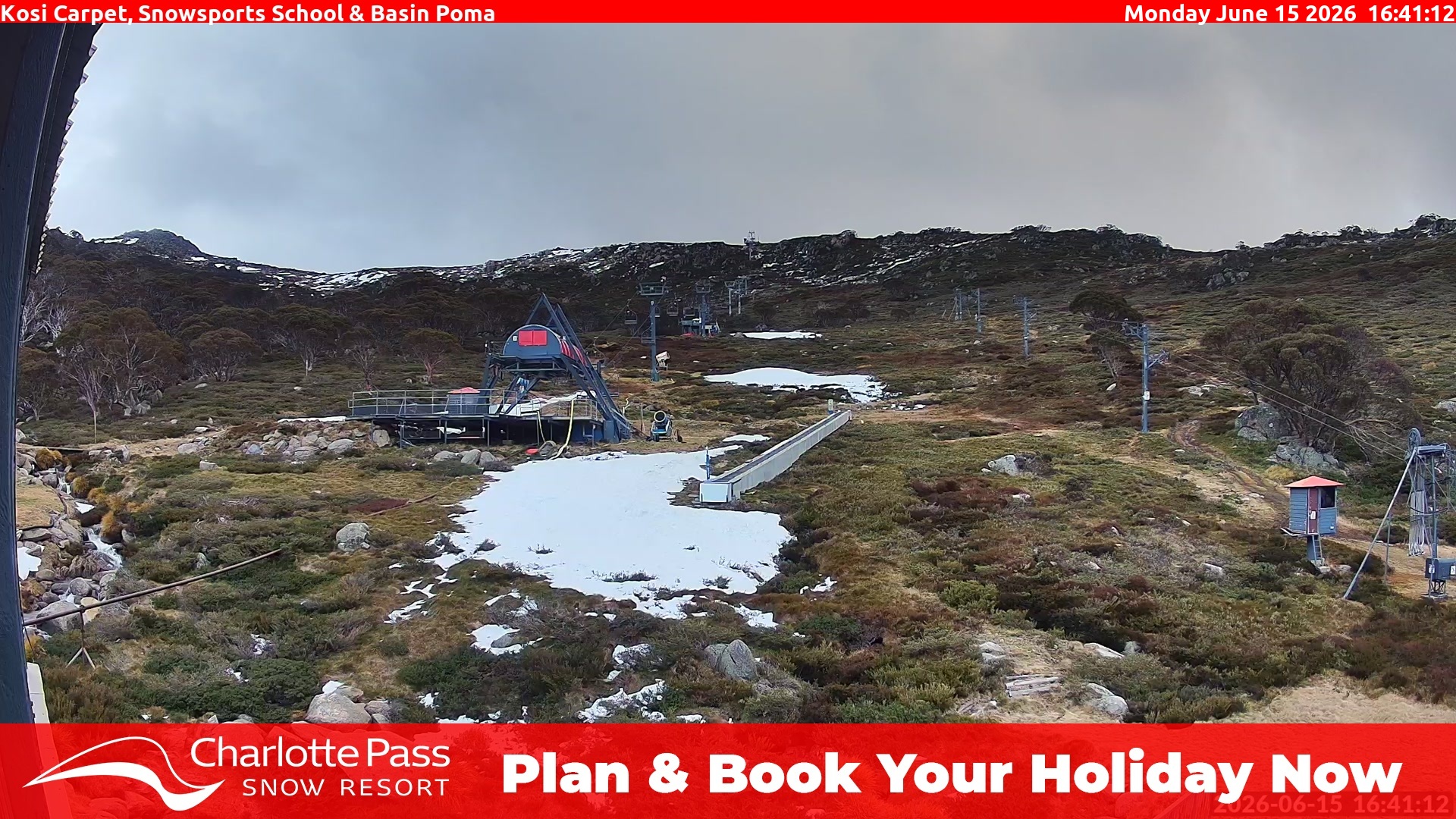 Charlotte Pass Kosi Carpet, Snowsports School and Basin Poma snow cam captured at 15 June 2026, 6:41 am