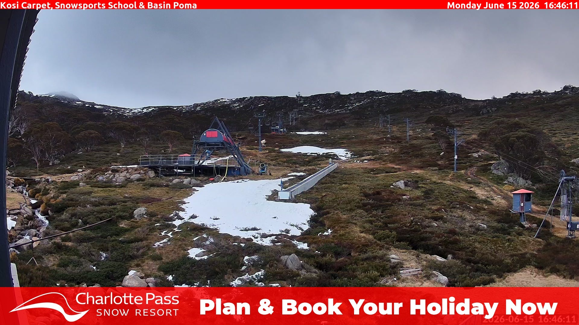Charlotte Pass Kosi Carpet, Snowsports School and Basin Poma snow cam captured at 15 June 2026, 6:47 am