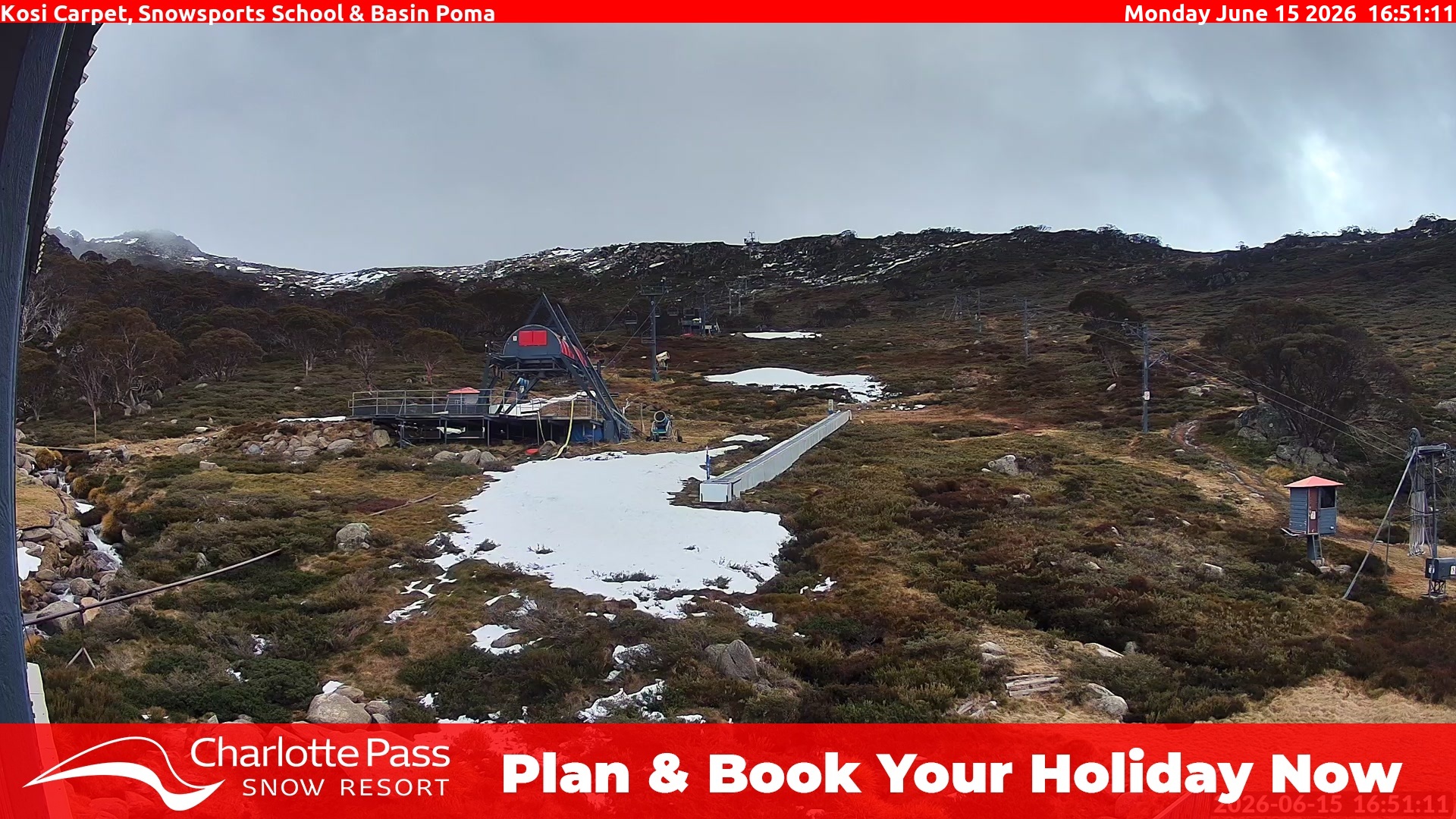 Charlotte Pass Kosi Carpet, Snowsports School and Basin Poma snow cam captured at 15 June 2026, 6:53 am