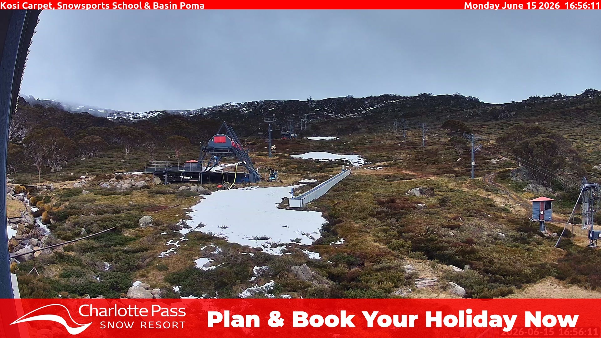 Charlotte Pass Kosi Carpet, Snowsports School and Basin Poma snow cam captured at 15 June 2026, 6:59 am