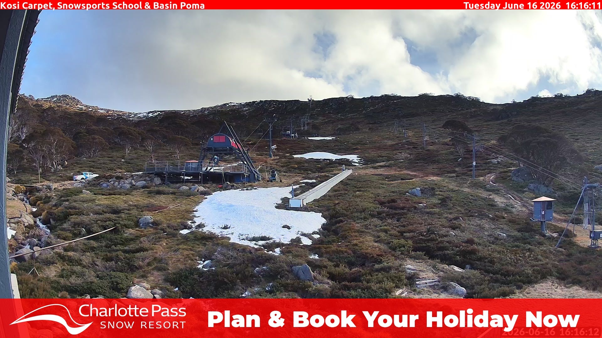 Charlotte Pass Kosi Carpet, Snowsports School and Basin Poma snow cam captured at 16 June 2026, 6:18 am
