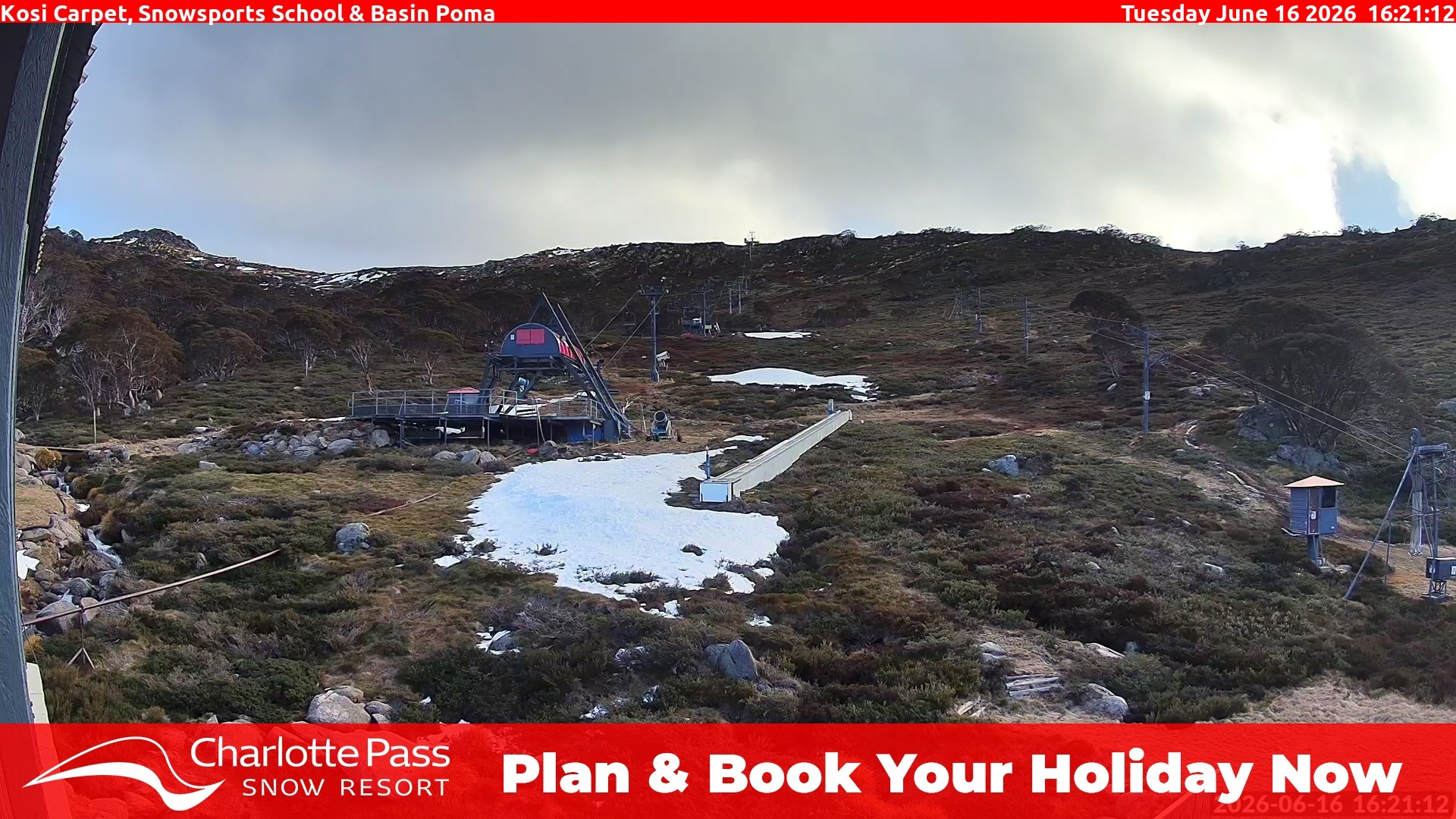 Charlotte Pass Kosi Carpet, Snowsports School and Basin Poma snow cam captured at 16 June 2026, 6:24 am