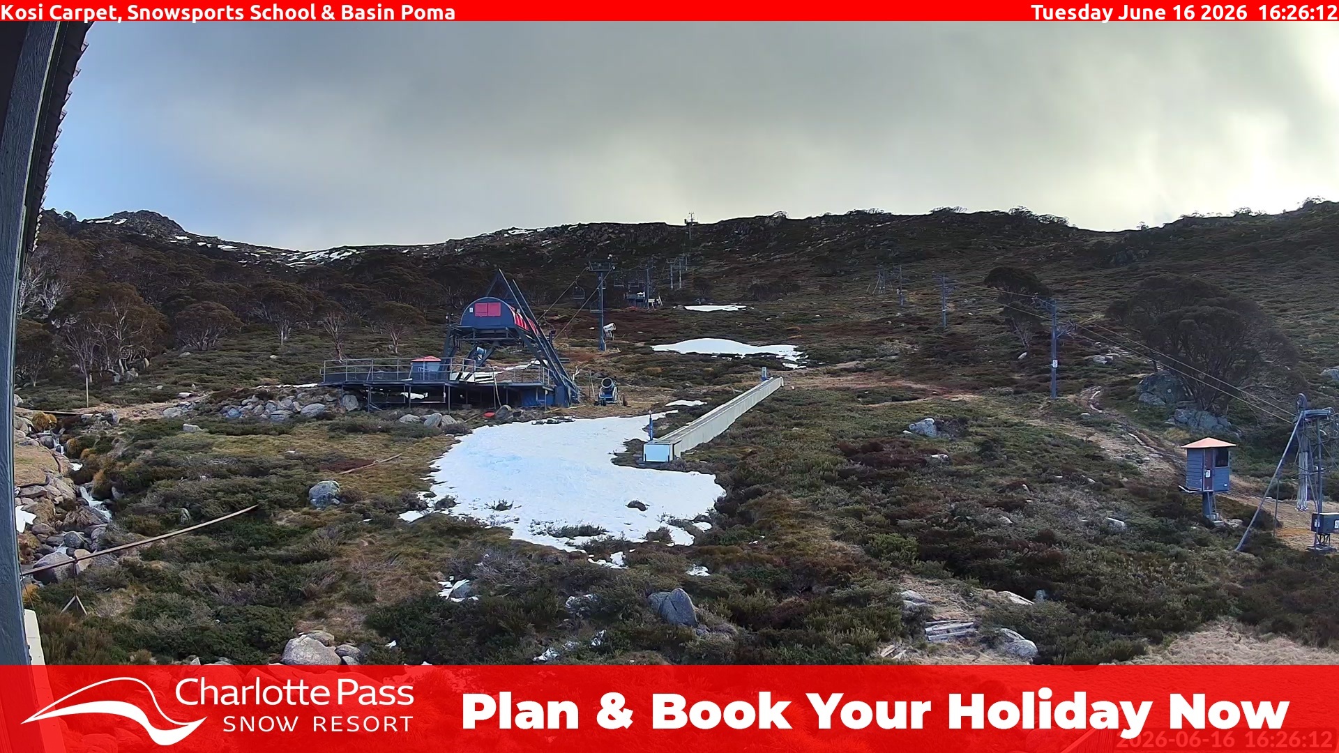 Charlotte Pass Kosi Carpet, Snowsports School and Basin Poma snow cam captured at 16 June 2026, 6:30 am