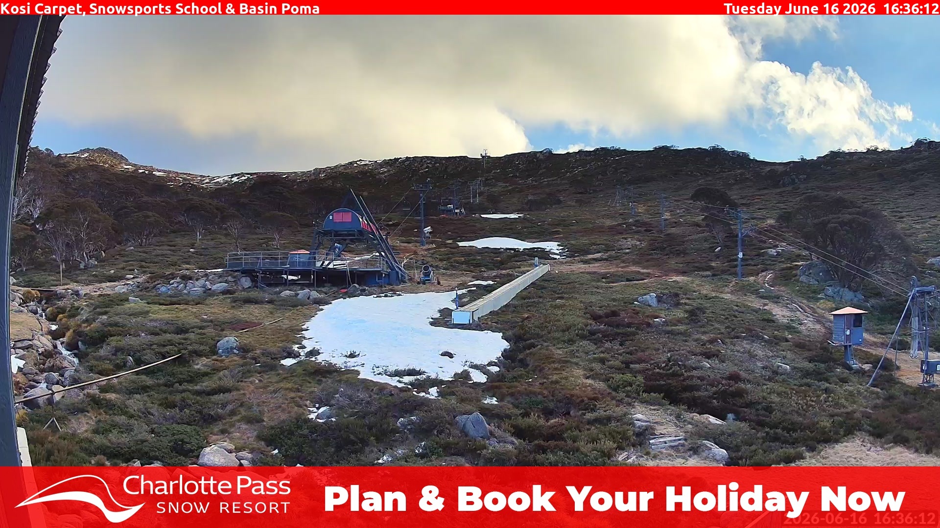 Charlotte Pass Kosi Carpet, Snowsports School and Basin Poma snow cam captured at 16 June 2026, 6:36 am
