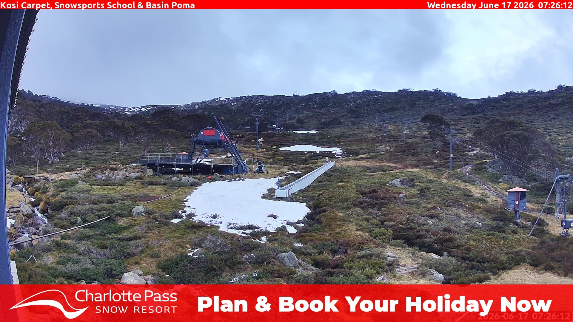 Charlotte Pass Kosi Carpet, Snowsports School and Basin Poma snow cam captured at 16 June 2026, 9:30 pm
