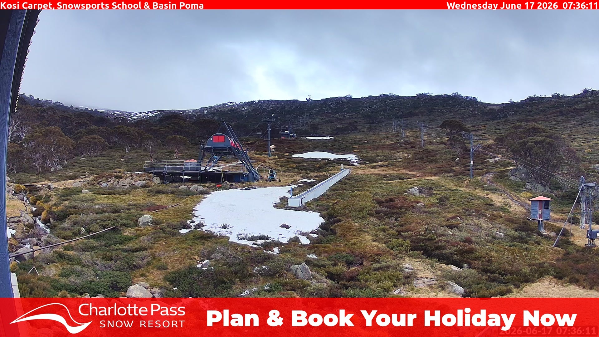 Charlotte Pass Kosi Carpet, Snowsports School and Basin Poma snow cam captured at 16 June 2026, 9:36 pm