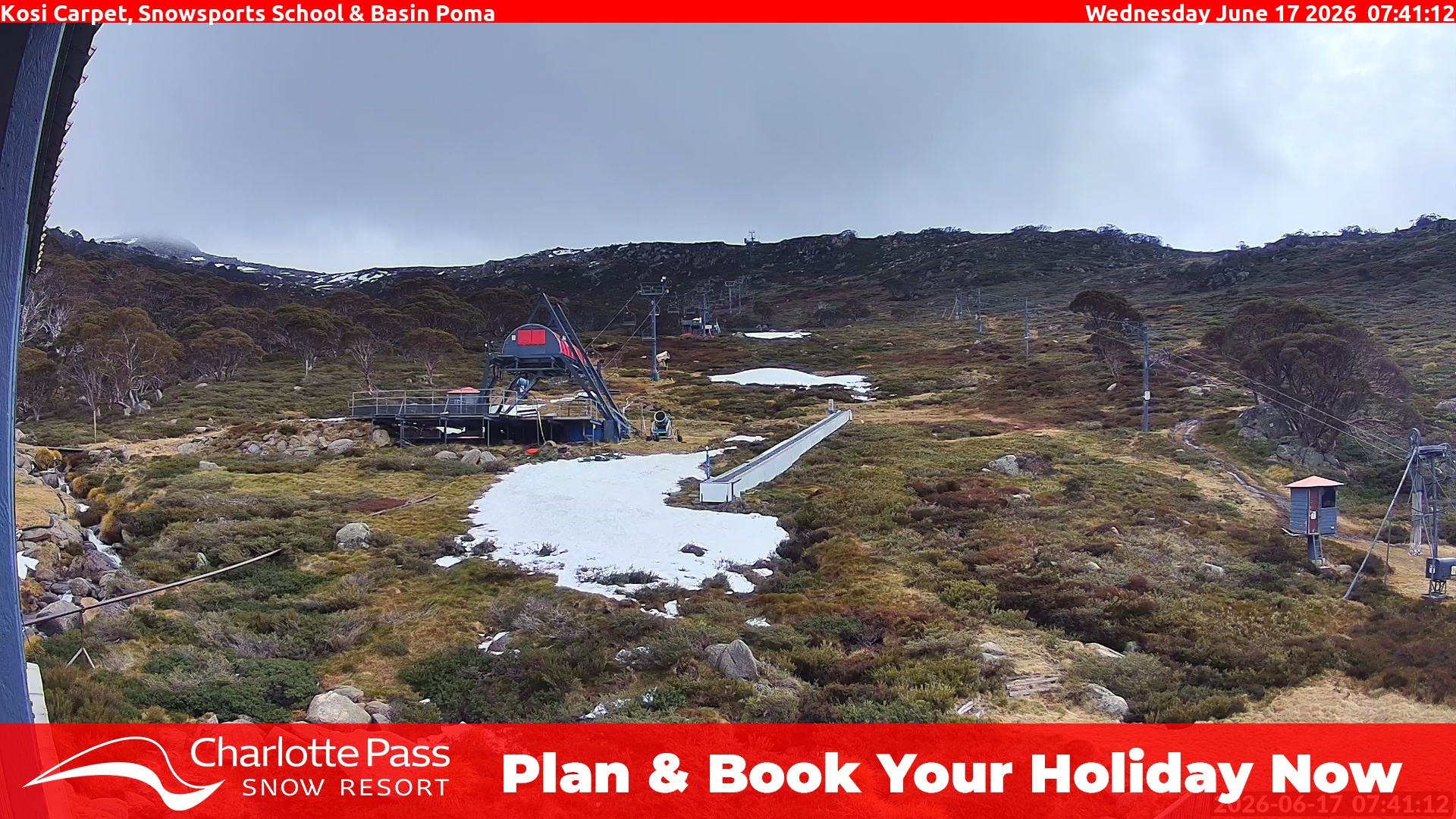 Charlotte Pass Kosi Carpet, Snowsports School and Basin Poma snow cam captured at 16 June 2026, 9:42 pm