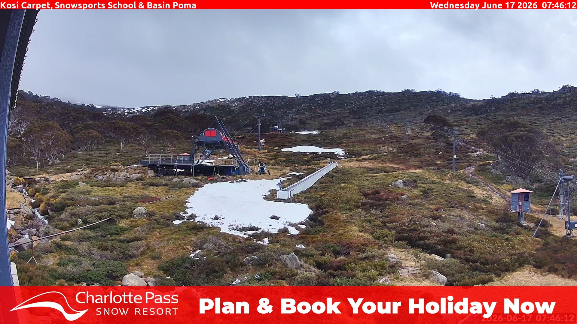 Charlotte Pass Kosi Carpet, Snowsports School and Basin Poma snow cam captured at 16 June 2026, 9:48 pm