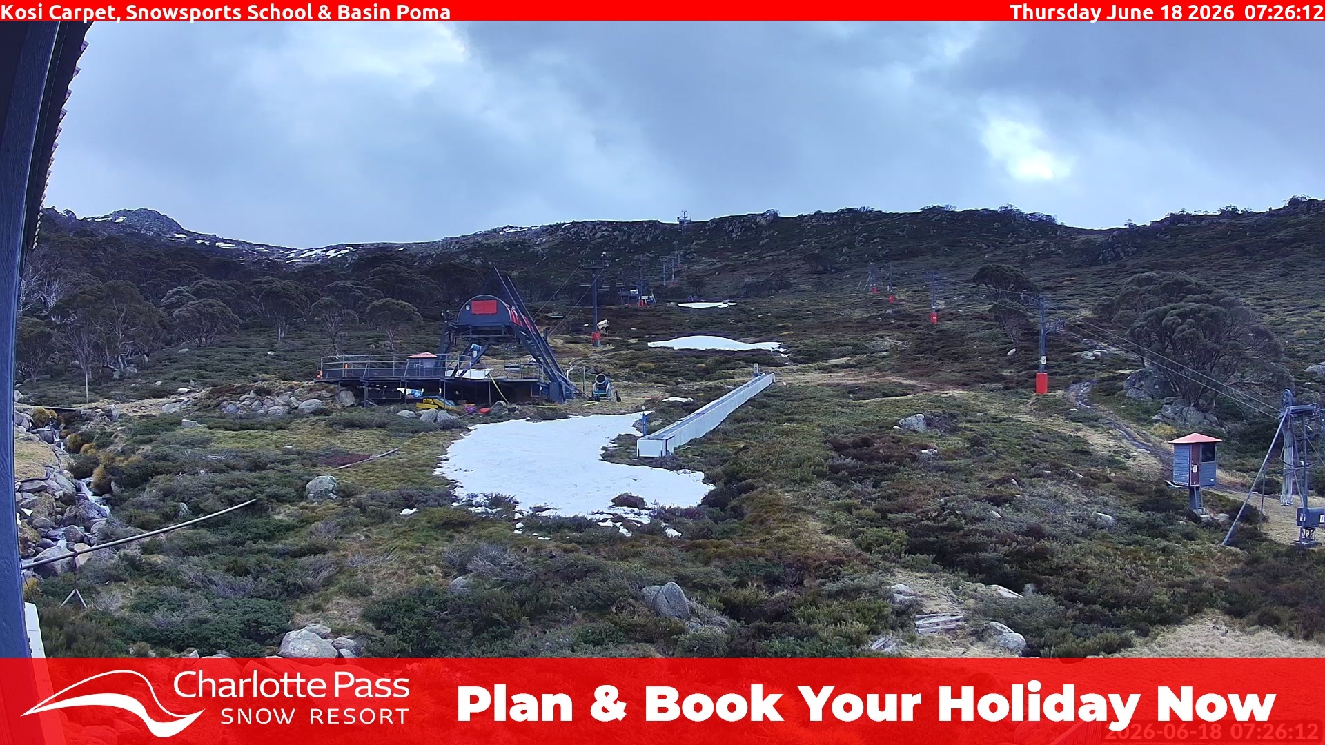 Charlotte Pass Kosi Carpet, Snowsports School and Basin Poma snow cam captured at 17 June 2026, 9:30 pm