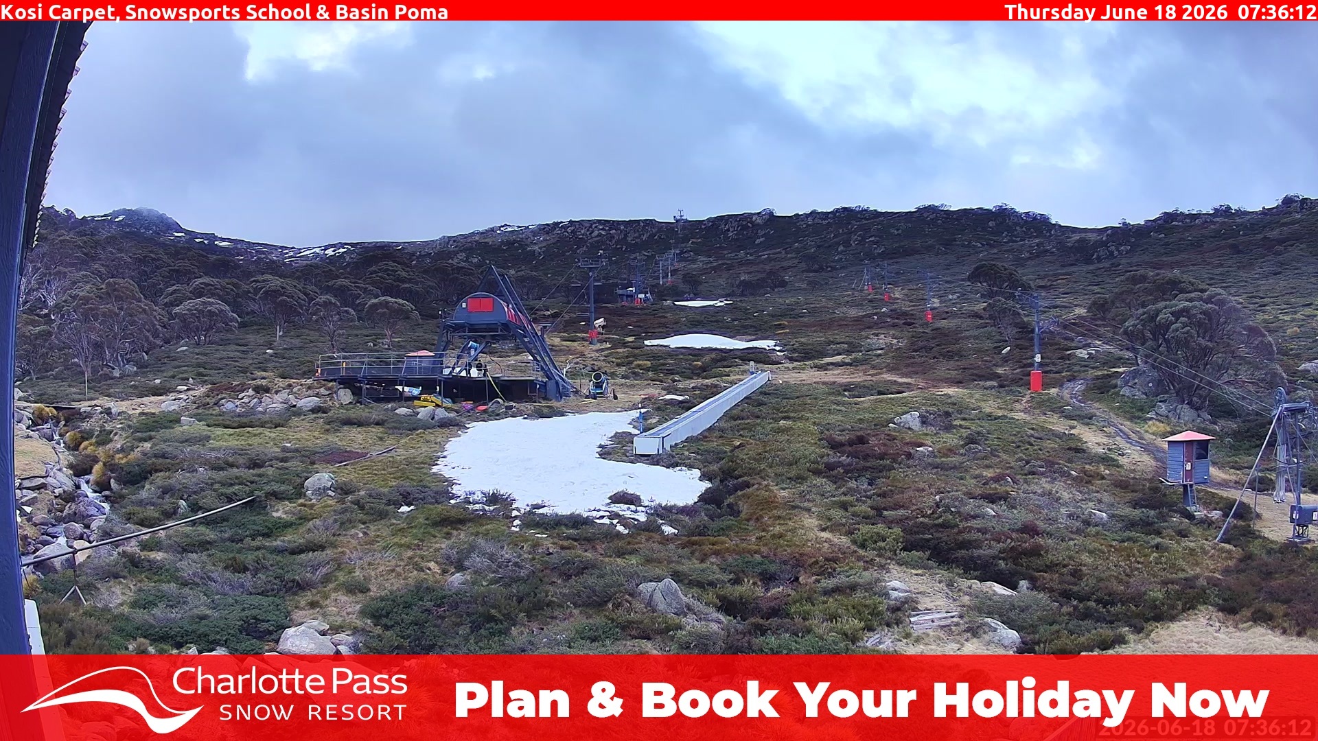 Charlotte Pass Kosi Carpet, Snowsports School and Basin Poma snow cam captured at 17 June 2026, 9:36 pm