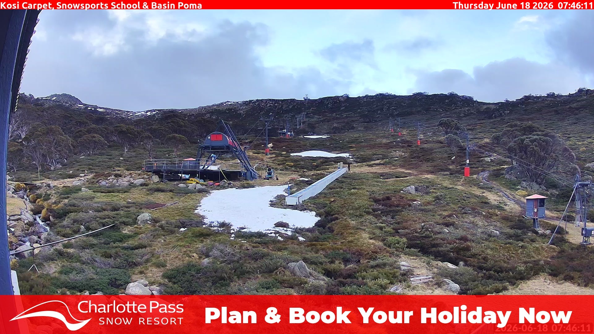 Charlotte Pass Kosi Carpet, Snowsports School and Basin Poma snow cam captured at 17 June 2026, 9:48 pm