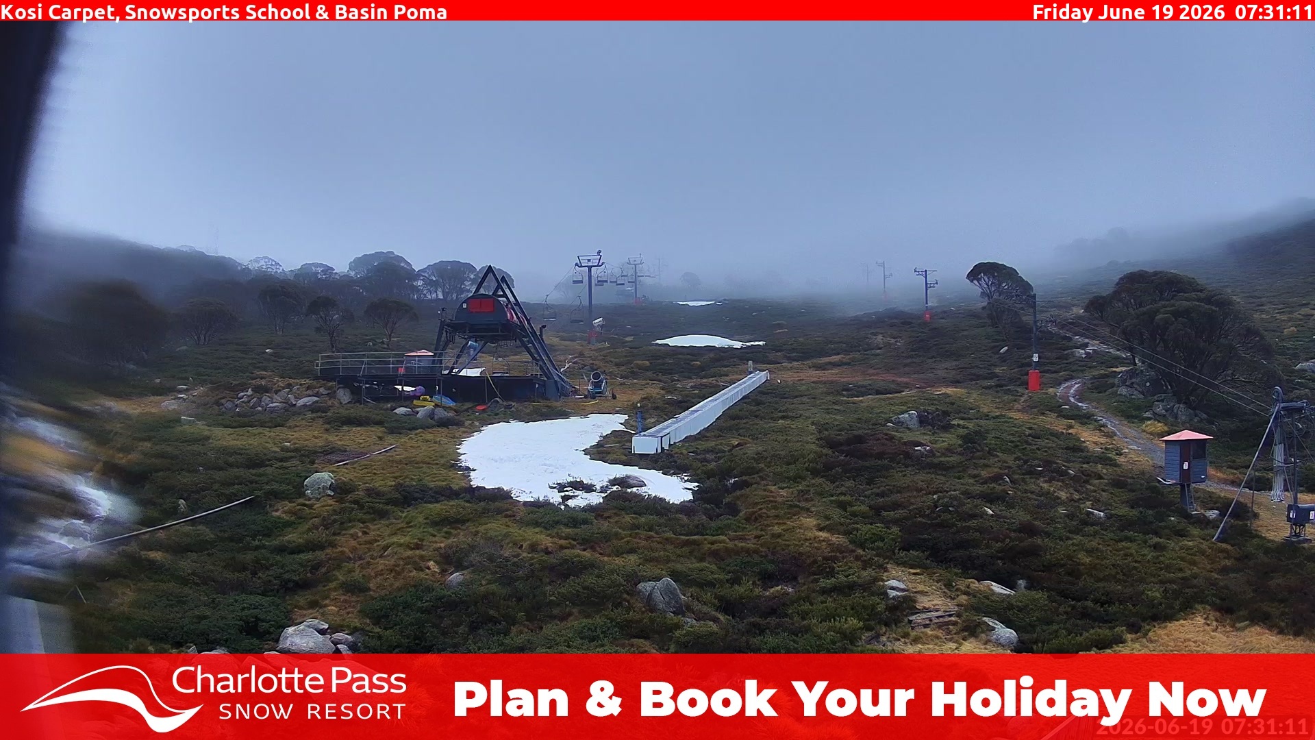 Charlotte Pass Kosi Carpet, Snowsports School and Basin Poma snow cam captured at 18 June 2026, 9:35 pm
